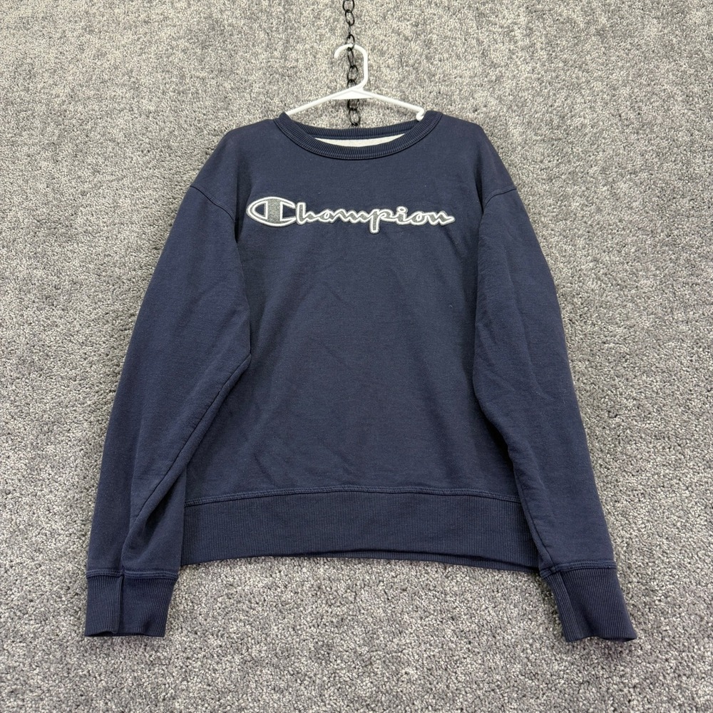 Champion Sweatshirt Mens L Navy Blue Pullover Script Logo